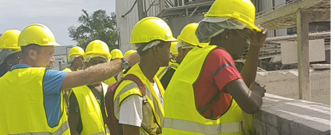 Group of people in yellow vests and safety helmets 