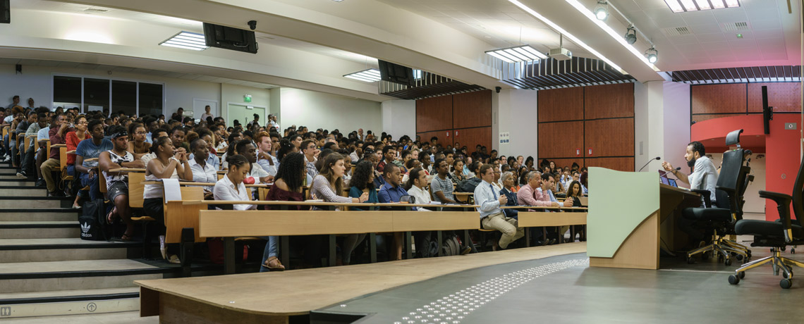 Group of students in the stands of an amphitheater 