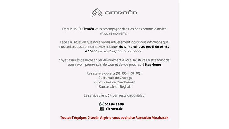 communiqué de Citroen Algérie sur les horaires et les dates d'ouverture 
