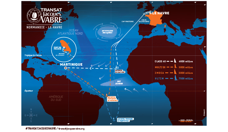 Carte de l’itinéraire de la courses Transat Jacques Vabre, une course transatlantique qui Le Havre et la Martinique