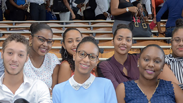 A group of students from the business school preparatory class at Lycée Bellevue in Martinique in a classroom.
