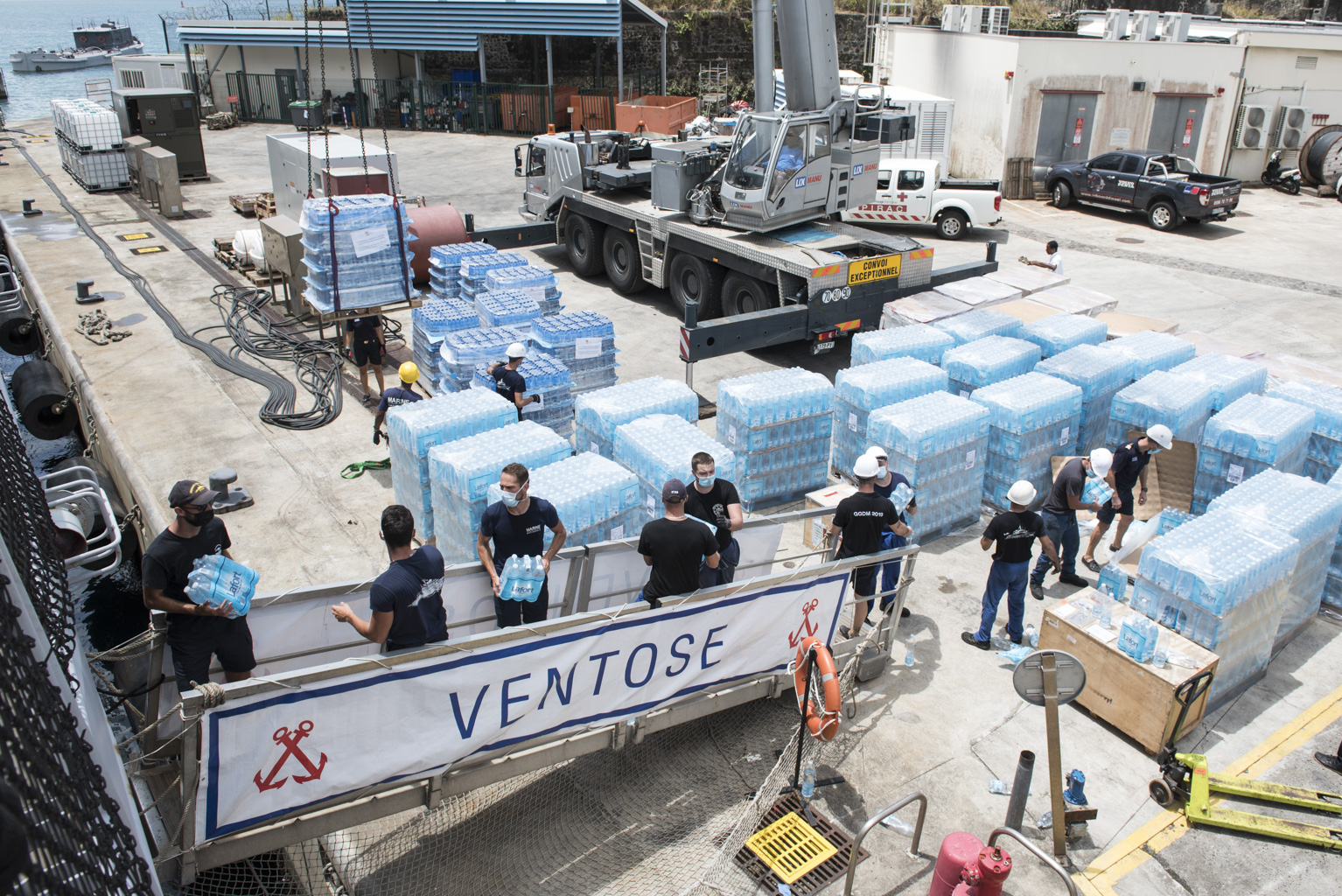 100 tonnes of water loaded onto the Army Frigate to help the people of St Vincent affected by the eruption of its volcano La Soufrière.