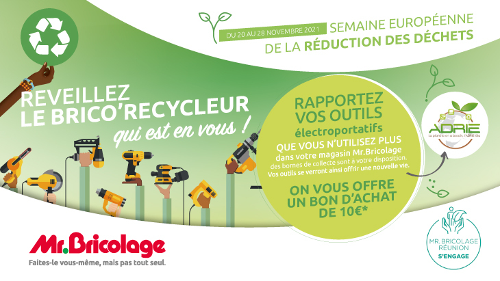 Affiche d'appel à la collecte d'outils de bricolage par Mr. Bricolage pour la Semaine européenne de réduction des déchets