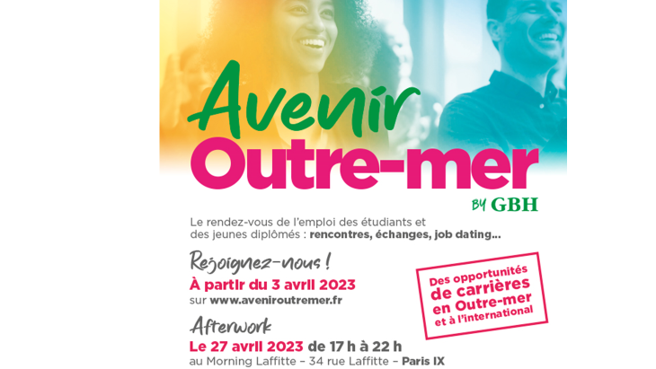 Affiche de promotion de la campagne Avenir Outre-mer by GBH qui aide les jeunes à s’insérer dans le monde professionnel